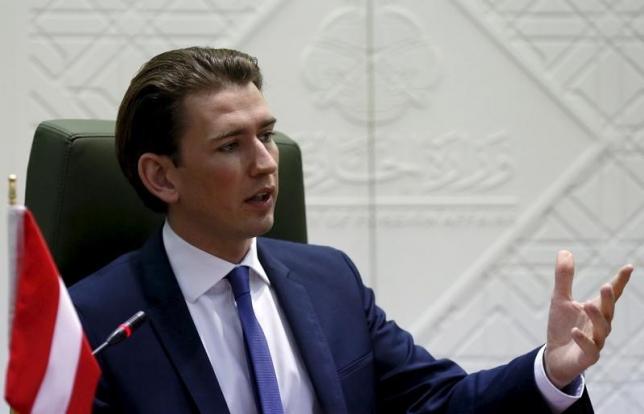 Austrian Minister for Europe, Integration and Foreign Affairs Sebastian Kurz gestures during a joint news conference with Saudi Arabia's Foreign Minister Adel al-Jubeir in Riyadh