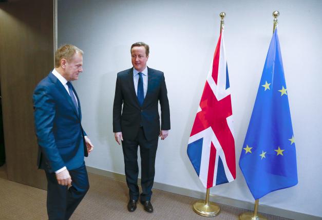 British Prime Minister David Cameron and European Council President Donald Tusk attend a bilateral meeting ahead of a European Union leaders summit  addressing the talks about the so-called Brexit and the migrants crisis, in Brussels