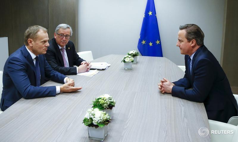 British Prime Minister Cameron attends a meeting with European Council President Tusk and European Commission President Juncker in Brussels