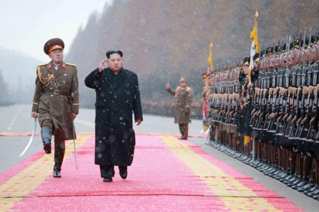 KCNA picture shows North Korean leader Kim Jong Un saluting during a visit to the Ministry of the People's Armed Forces on the occasion of the new year