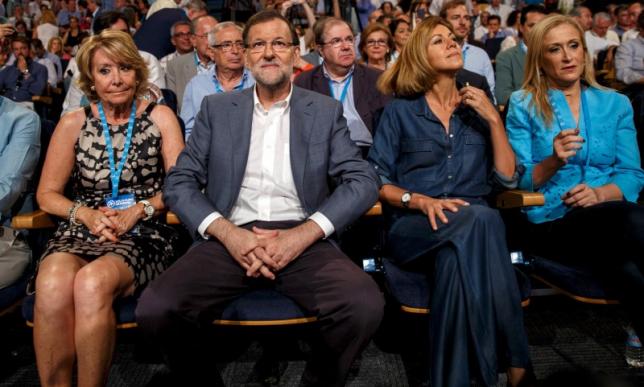 File photo of Former Madrid town hall councillor Aguirre, Prime Minister Rajoy, People's Party (PP) party secretary, de Cospedal and Madrid regional president Cifuentes attending a party rally in Madrid, Spain