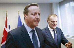 British Prime Minister David Cameron and European Council President Donald Tusk attend a bilateral meeting ahead of a European Union leaders summit  addressing the talks about the so-called Brexit and the migrants crisis, in Brussels