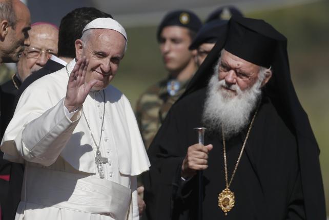 Pope Francis arrives on the Greek Island of Lesbos