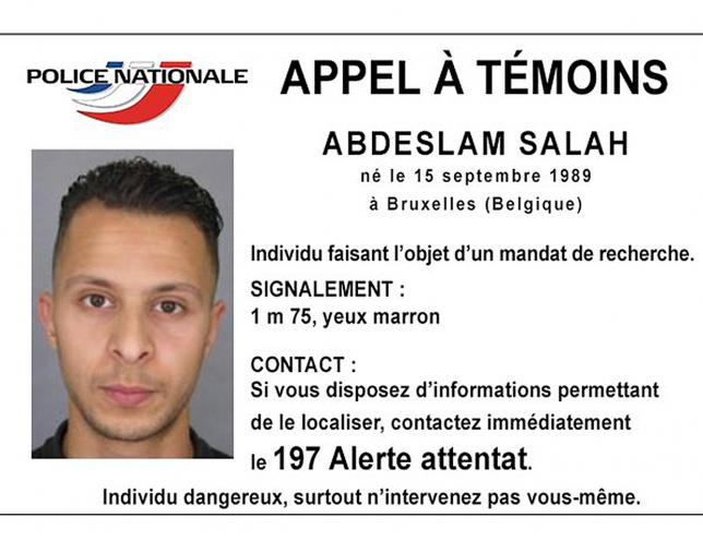 Handout file picture shows Belgian-born Salah Abdeslam on a call for witnesses notice released by the French Police Nationale information services on their twitter account