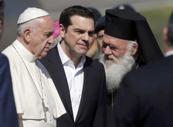 Pope Francis arrives on the Greek Island of Lesbos