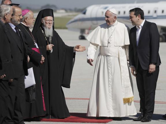 Pope Francis arrives on the Greek Island of Lesbos