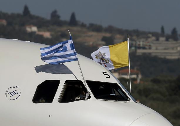 Plane carrying Pope Francis arrives on the Greek Island of Lesbos