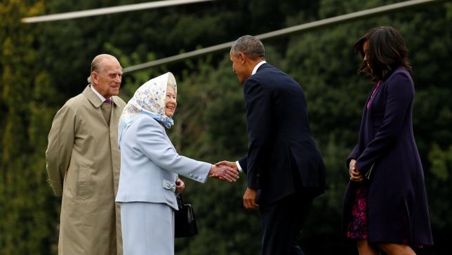 U.S. President Barack Obama and first lady Michelle Obama are greeted by Queen Elizabeth II and Prince Philip, Duke of Edinburgh in Windsor