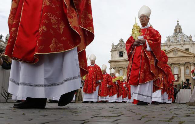 File photo of Cardinals arriving in a procession as Pope Francis leads the Palm Sunday mass at Saint Peter's Square at the Vatican