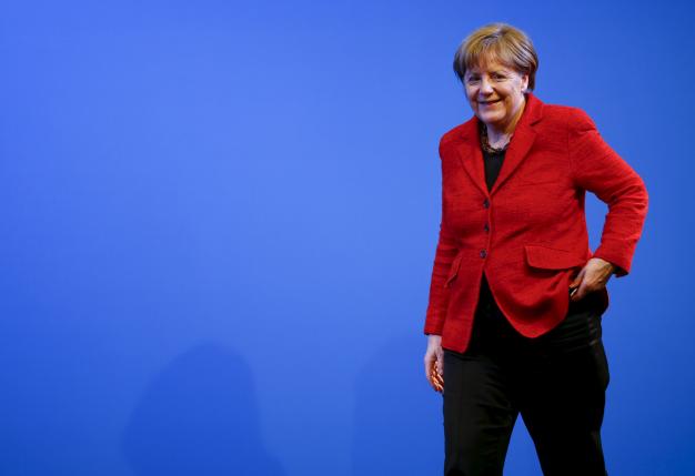 CDU leader and German Chancellor Merkel leaves the stage following her speech at a CDU rally for the federal Rhineland-Palatinate state elections in Bad Neuenahr-Ahrweiler