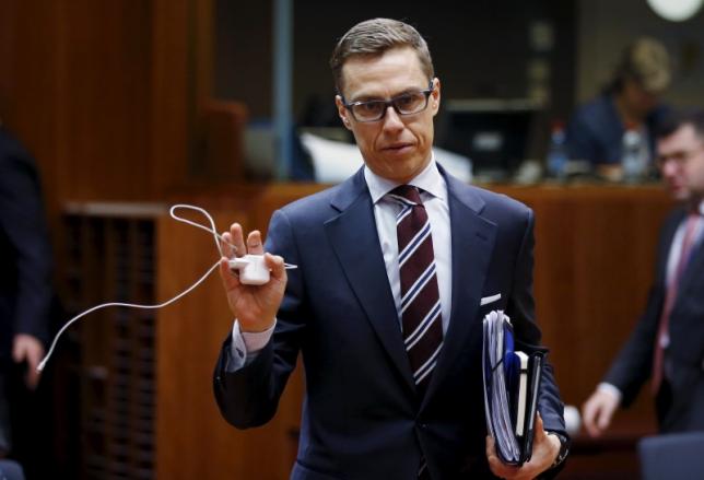 Finland's Finance Minister Stubb arrives at a EU finance ministers meeting in Brussels