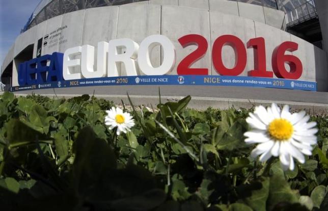 The UEFA Euro 2106 sign is seen at the Allianz Riviera stadium in Nice