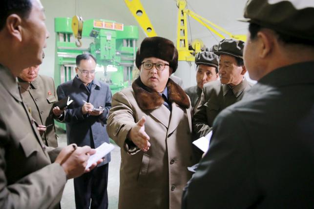 North Korean leader Kim Jong Un speaks during a visit to the Sinhung Machine Plant in this undated photo released by North Korea's KCNA in Pyongyang