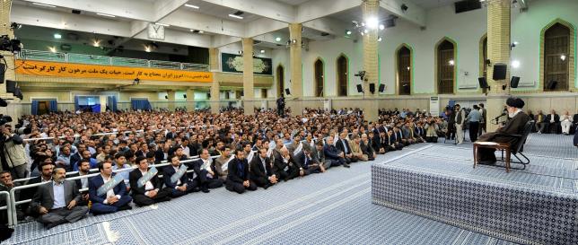 Iran's Supreme Leader Ayatollah Ali Khamenei addresses workers in Tehran