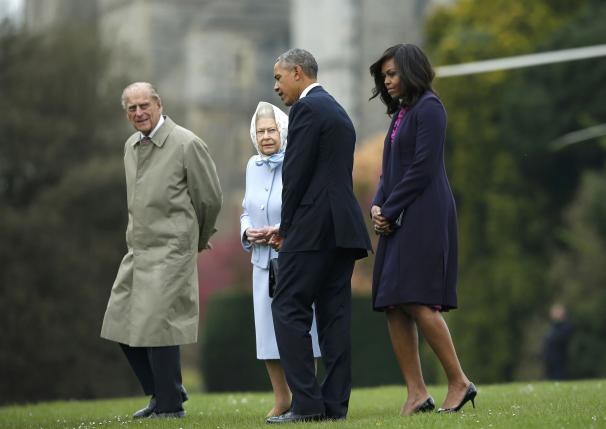 President Barack Obama and his wife first lady Michelle Obama are greeted by Britain's Queen Elizabeth II and Prince Philip in Windsor