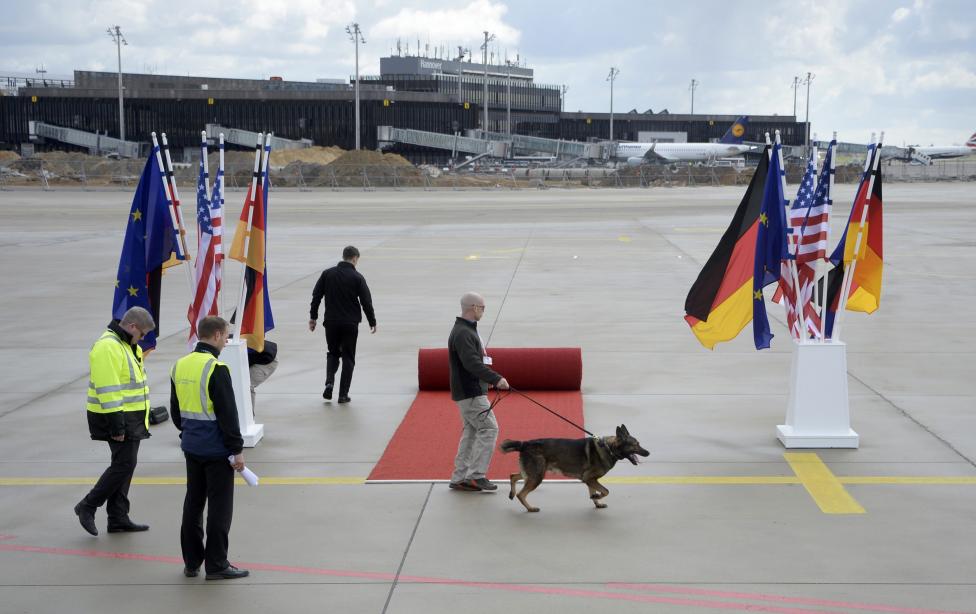 A security officer with a sniffer dog checks the red carpet ahead of U.S. President Obama visit to Hanover