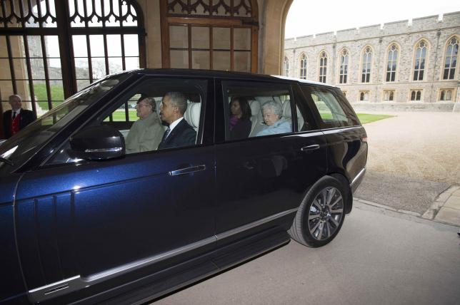 U.S. President Obama and first lady arrive at Windsor Castle with Queen Elizabeth and Prince Philip