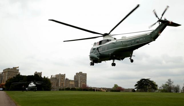 Marine One lands at Windsor Castle as U.S. President Barack Obama and first lady Michelle Obama arrive for lunch with Queen Elizabeth II and Prince Philip, Duke of Edinburgh in Windsor