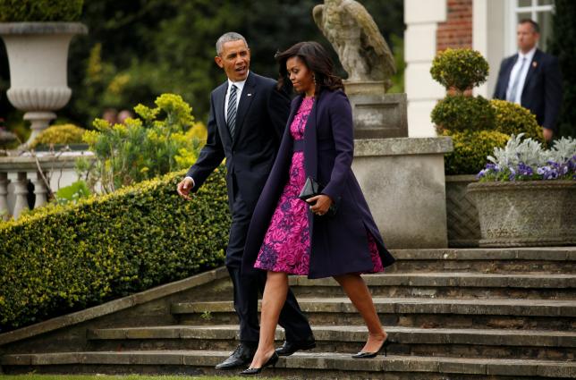 U.S. President Barack Obama and first lady Michelle Obama depart Winfield House in London to have lunch with Queen Elizabeth II at Windsor Castle