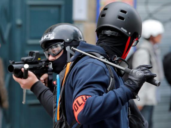 Police take up position during a demonstration against French labour law reform in Nantes