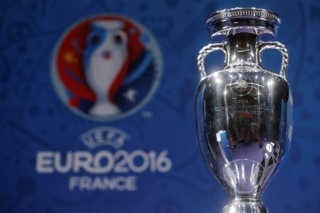 The trophy of the Euro 2016 is displayed during a news conference one hundred days before the start of the competition in Paris