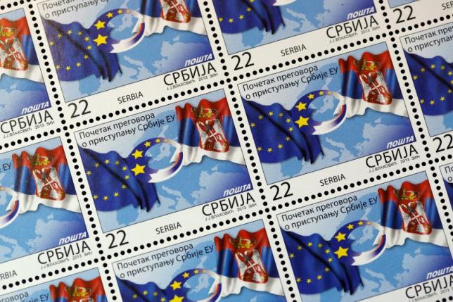 Special edition postage stamps show Serbian and EU flags in Belgrade