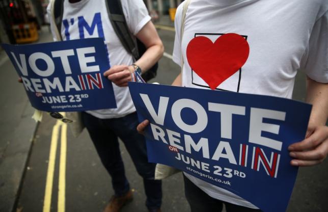 Supporters of the "Britain Stronger IN Europe" group campaign in the lead up to the EU referendum, at Soho in London