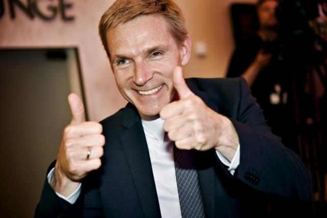 Danish People's Party (DF) leader Kristian Thulesen Dahl is pictured giving thumbs-up in Copenhagen, Denmark